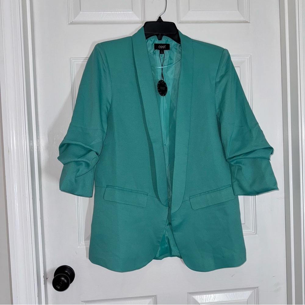 ODDY Green Blazer Modern Cropped Tailored - Picture 2 of 15
